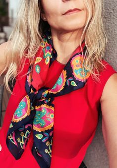 "Bright and bold colours, with a fabulous design. This scarf is one of our favourites! It's a great way to add some colour to any outfit. Measures  28\" square" Trendy Multicolor Square Silk Scarf, Vibrant Multicolor Scarves, Chic Multicolor Scarves For Summer, Chic Multicolor Summer Scarves, Chic Multicolor Square Silk Scarf, Bright And Beautiful, Scarf Tying, Silver Bangle Bracelets, Vintage Lover