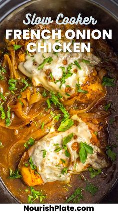 slow cooker french onion chicken in a brown sauce with parsley garnish