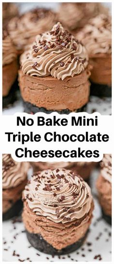 no bake mini triple chocolate cheesecakes on a white plate with text overlay