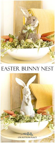 an easter bunny nest is sitting on a plate with carrots and grass in it