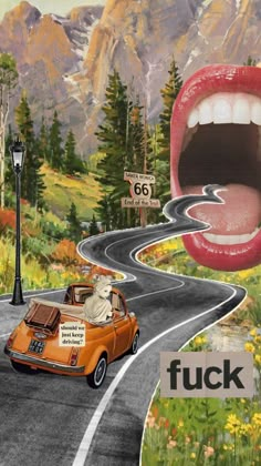 a car driving down a road with a giant tongue sticking out of it's mouth