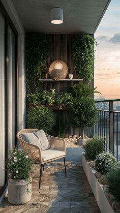 a balcony with potted plants and a wicker chair