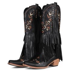 PRICES MAY VARY. [Fringe Cowboy Boots] : The country boots are designed with classic western embroidery and fashionable tassels, creating a boot that is elegant, retro, and sexy all at once, every step you take wearing it will attract all the attention. [High Quality Material] : The knee high boots made of High quality soft PU leather upper, Breathable mesh lining for a comfortable interior fit, Durable and non-slip rubber sole. [Comfortable Design] : The women's boots have a low heel design, pr Black And Gold Cowgirl Outfit, Cowgirl Boots Square Toe, Heel Cowboy Boots, Fringe Cowboy Boots, Wide Calf Knee High Boots, Boots Wide Calf, Shoes For Ladies, Western Embroidery, Western Vintage