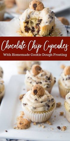 chocolate chip cupcakes with homemade cookie dough frosting are on a white plate