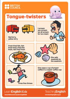 an orange poster with instructions on how to use tongue - twisters for teaching english