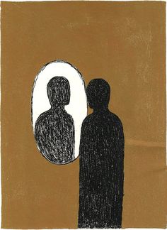 a drawing of a man and woman looking at each other's reflection in a mirror