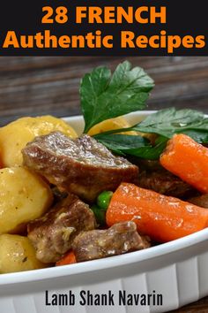 a bowl filled with meat, potatoes and carrots next to parsley on the side