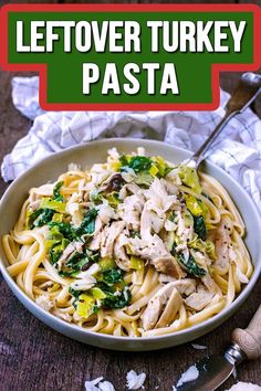 A bowl of turkey pasta with a text overlay title. Leftover Turkey Pasta, Comfort Food Recipes Dinners, Cheesy Sauce, Leftover Turkey, Healthy Pasta Recipes, Healthy Comfort Food