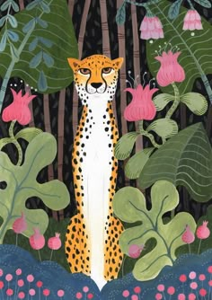 a painting of a cheetah standing in the middle of flowers and plants, surrounded by trees