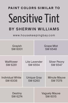 Colors Similar to Sensitive Tint SW 6267 by Sherwin Williams Lavender Grey Paint Sherwin Williams, White Lilac Sherwin Williams, Light Lavender Wall Paint, Sherwin Williams Gray With Purple Undertones, Purple Sherwin Williams Paint, Greyish Purple Paint, Purple Paint Colors Bedroom