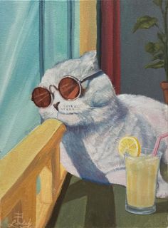 a painting of a cat wearing sunglasses and drinking from a glass next to a lemon slice