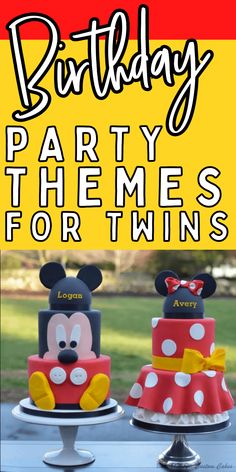 birthday party themes for twins with mickey and minnie mouse cake toppers on the table