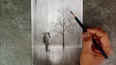 a person holding an umbrella while standing in the rain next to a drawing of a tree