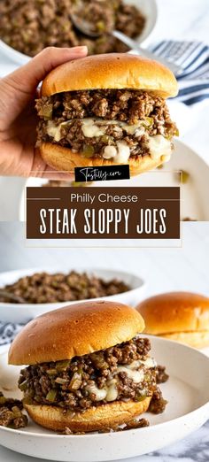 a close up of a sandwich on a plate with the words phily cheese steak sloppy joes