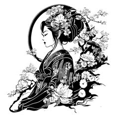 an ink drawing of a geisha woman with flowers on her head and the moon in the background