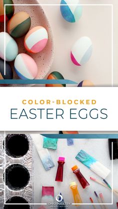 colorful painted eggs in a bowl with the words color blocked easter eggs above it and below