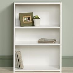 a white book shelf with two books and a potted plant