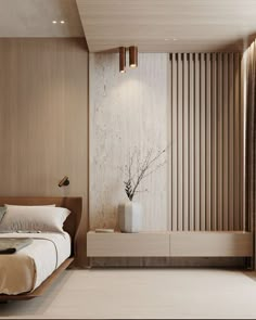 a bed sitting next to a white vase on top of a wooden shelf in a bedroom