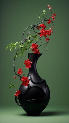 a black vase with red flowers in it