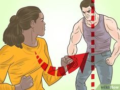 a woman holding onto a man's arm with red tape around his neck and the other hand