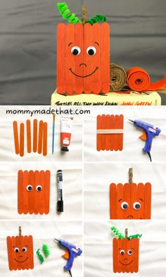 an orange pumpkin made out of popsicle sticks with eyes, nose and hands on it