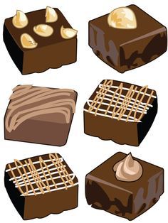 six different types of chocolates with icing on them