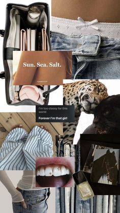 a collage of photos with clothes, shoes and other items in them including an open suitcase