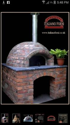 an outdoor brick pizza oven with potted plants