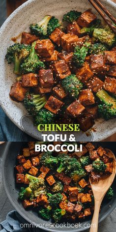 broccoli and tofu in a pan with chopsticks