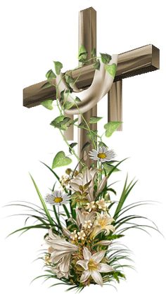 the cross is decorated with flowers and greenery