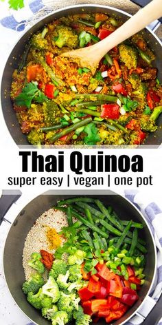 thai quinoa with vegetables and rice in a skillet