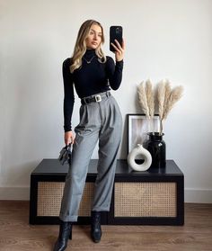 Professional But Casual Outfits Women, Cute Simple Interview Outfits, Work Style 2023, Grey Work Trousers Outfit, Lily Clark Outfits, Grey Business Casual Outfits For Women, Smart But Casual Outfits, Colourful Business Outfit, Grey Trousers Outfit Women Work Attire