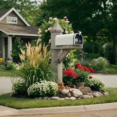 a mailbox sitting on top of a lush green field next to flowers and trees