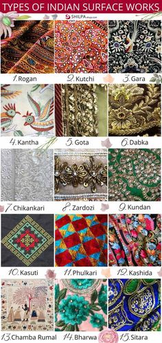 Types Of Indian Surface Works, Embroidery And Embellishments Embroidery Pillows, Kashida Embroidery, Clothing Fabric Patterns, Types Of Embroidery Stitches, Fabric Patterns Prints, Indian Embroidery Designs, Indian Culture And Tradition, Handmade Embroidery Designs, Hand Work Embroidery