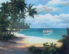 a painting of a sailboat in the ocean with palm trees and blue sky behind it