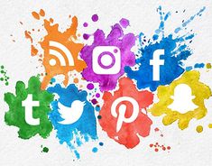 watercolor paint splattered on top of different social media logos and symbols in various colors