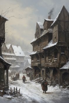 a painting of people walking down a snow covered street