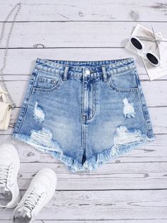 Teen Girls Summer Casual Ripped Denim Shorts Light Wash    Denim  Straight Leg Non-Stretch  Teen Girls Clothing, size features are:Bust: ,Length: ,Sleeve Length: Teen Shorts, Girls Denim Shorts, Ripped Jean Shorts, Ripped Denim Shorts, Ripped Shorts, Cute Jeans, Girls Denim