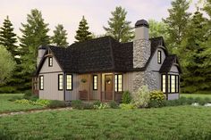 a small house with a stone chimney in the middle of a grassy area surrounded by trees