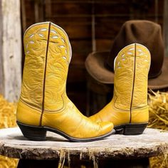 Step Into Timeless Style With These Women’s Size 7.5 M Genuine 1950’s Cowboy Western Pee Wee Boots. Crafted With Care, The Boots Feature A Stunning Yellow Leather Exterior That Exudes A Rich History And Character. The Vibrant Yellow Hue Is Accented With Classic Western Inlays, Offering A Unique And Eye-Catching Look That Will Make You Stand Out From The Crowd. The Intricate Stitching Further Emphasizes The Vintage Aesthetic And The Artistry Of The Era. Designed With A Traditional Cowboy Heel And Pee Wee, Cowboy Western, Yellow Leather, Vintage Aesthetic, Western Cowboy, Shoes Heels Boots, The Vintage, Timeless Style, Shoes Women Heels