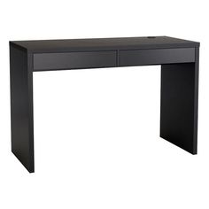 a black desk with two drawers on the top and one drawer at the bottom that is open