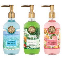 three different types of hand soaps on a white background