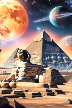 an image of the egyptian pyramids with planets in the background