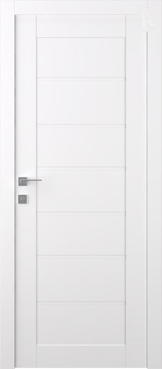 an open white door with metal handles on the front and side panels, in a plain style