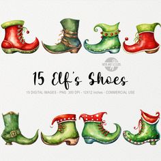 watercolor christmas boots clipart set for commercial use - includes 15 elf's shoes