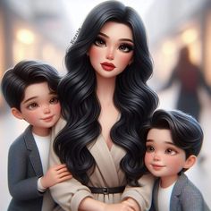 an image of a woman and two children with long hair wearing formal clothes on the street