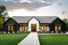 this is an artist's rendering of a modern farmhouse style home in the country