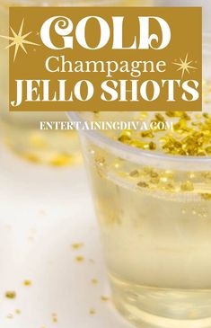 gold champagne jello shots in plastic cups with confetti sprinkles