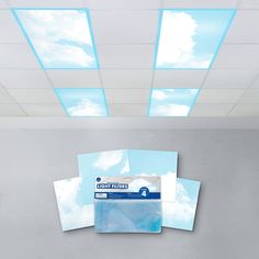 an office cubicle with blue sky and clouds on the ceiling