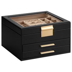 a black and gold jewelry box with drawers on the front, two open compartments in the middle